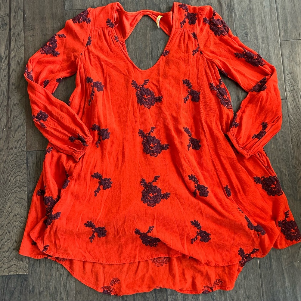 Free People Red Embroidered Tunic Boho Oversized Small - Picture 3 of 7